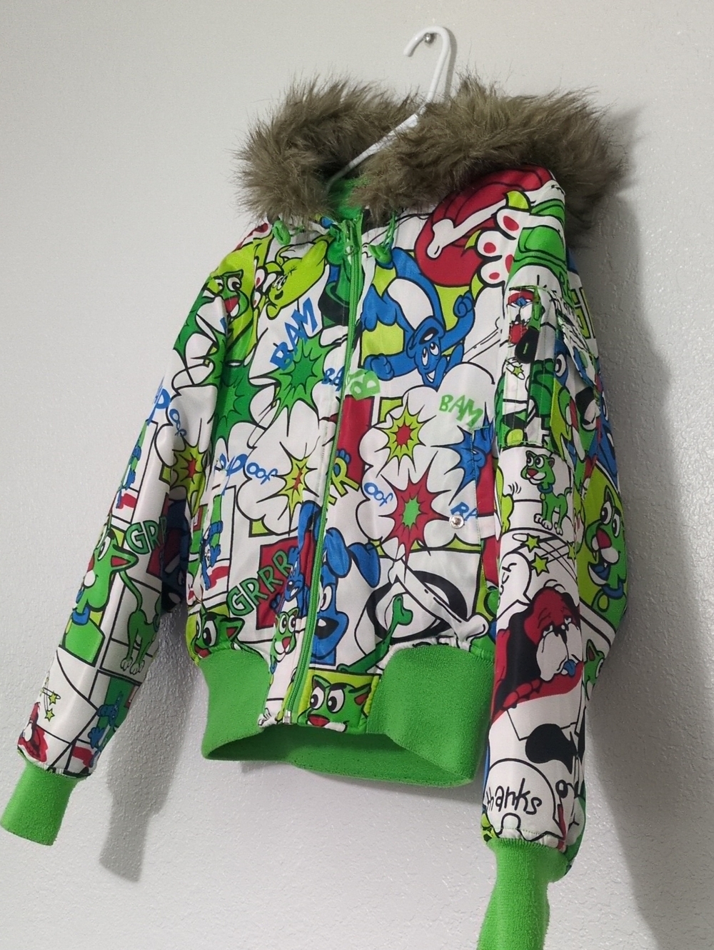 Raw Blue Lady Crop Bomber Jacket Green Comic-Print with Faux-Fur Hood M